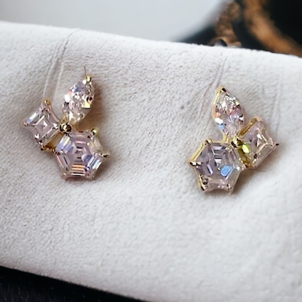 New! Unique Diamond Studs. Hexagon Cut & Marquis Cut Stones 14K Gold Vermeil 925